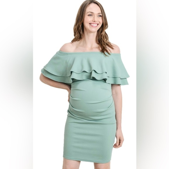 LaClef Women's Off Shoulder Maternity Dress with Double Ruffle  pistachio  Green - Picture 1 of 6